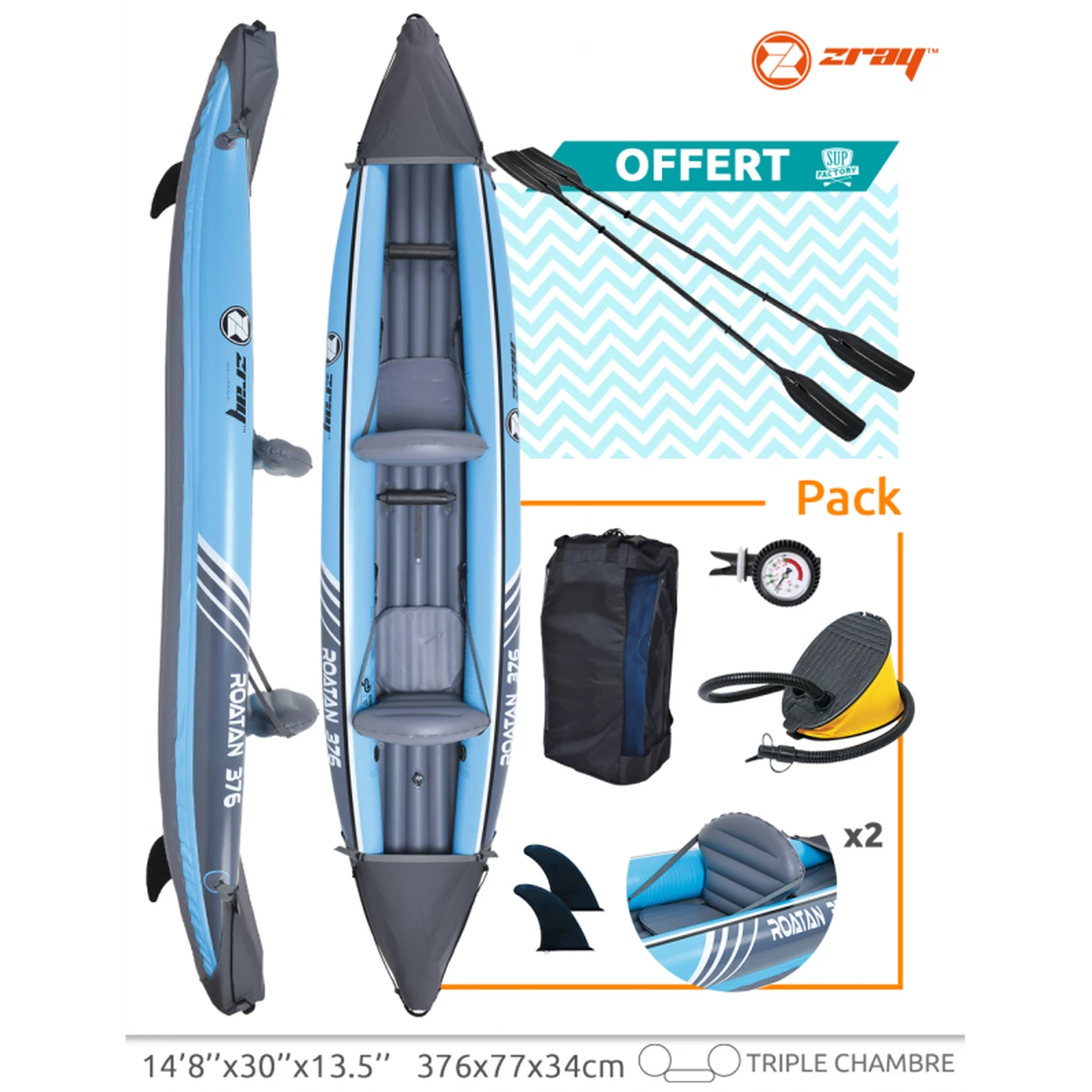 Bon marché ❤️ Zray Kayak Gonflable Zray Roatan - 2 Places - 376 X 77 Cm (148" X 30") - 13,5kg 🔔 3 Bon marché ❤️ Zray Kayak Gonflable Zray Roatan - 2 Places - 376 X 77 Cm (148" X 30") - 13,5kg 🔔